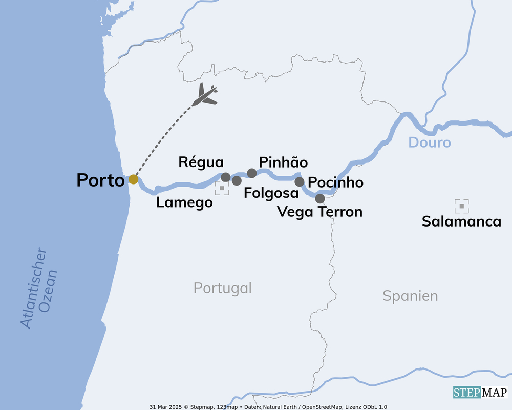 Routenkarte Douro ab/bis Porto